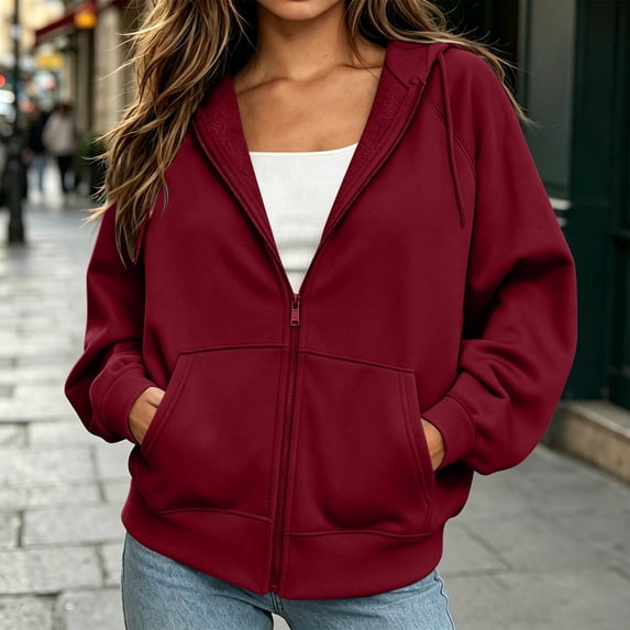 VBVC Women's Oversized Full Zip Hooded Sweatshirt , Casual Drawstring Hoodie Jacket For Women , Ladies' Basic Fall Top with Pockets, Wine , S-2XL
