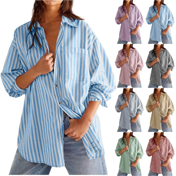 VBVC Women's Oversized Striped Button Down Shirt , Casual Long Sleeve Blouse For Women,Ladies' Loose Fit Collared Top with Pockets,Blue,S-2XL
