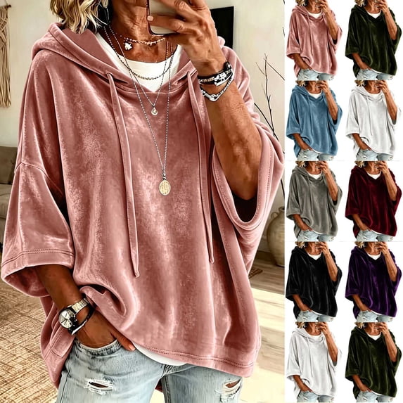 VBVC Women's Oversized Velvet Hooded Pullover , Casual Batwing Sleeve Tunic Top For Women , Ladies' Relaxed Fall Winter Sweatshirt with Pockets, Pink , S-2XL