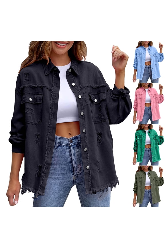 Women's Oversized Washed Denim Jacket , Breathable Button Down Shacket For Women,Ladies' Frayed Hem Jean Coat with Pockets,Green,S-2XL