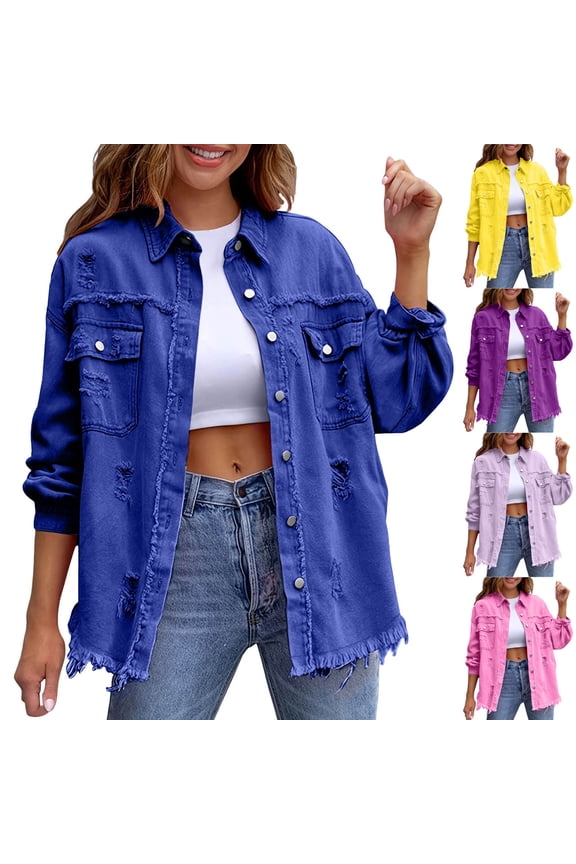Women's Oversized Washed Denim Jacket , Breathable Button Down Shacket For Women,Ladies' Frayed Hem Jean Coat with Pockets,Multicolor,S-2XL