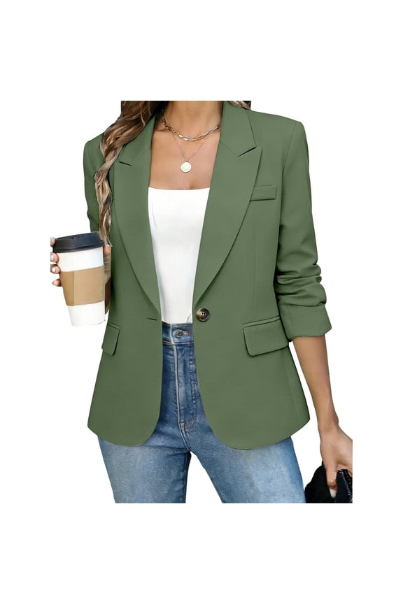 Women's Padded Shoulders Single Breasted Blazer, Long Sleeve Notch Lapel Suit Coat For Women, Ladies' Open Front Work Jacket With Pockets, Army Green , XS-2XL