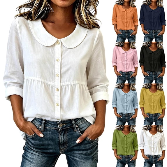 VBVC Women's Peter Pan Collar Button Down Blouse , Ladies' Long Sleeve Babydoll Shirt , Casual Loose Fit Peplum Top For Women, Light Blue , S-2XL