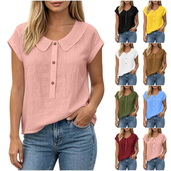 VBVC Women's Peter Pan Collar Cotton Linen Blouses , Ladies' Cap Sleeve Half Button Shirts , Casual Summer Tops For Women,Army Green,S-2XL