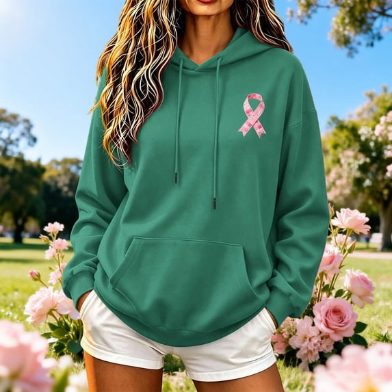 VBVC Women's Pink Ribbon Hoodie Sweatshirt , Breast Cancer Awareness Pullover For Women , Ladies' Long Sleeve Stretchy Top with Pockets, S-2XL