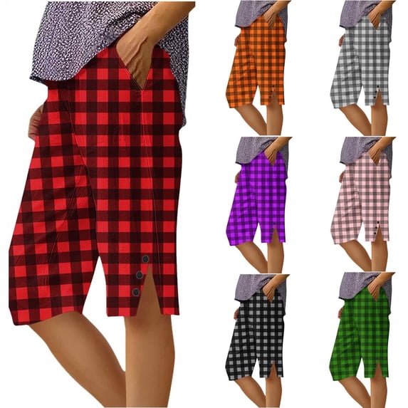 VBVC Women's Plaid Cotton-Linen 5-inch inseam Pants,Knee-Length Stretchy Trousers For Women,Ladies Button Split Cropped Sweatpants with Pockets,Green,S-2XL