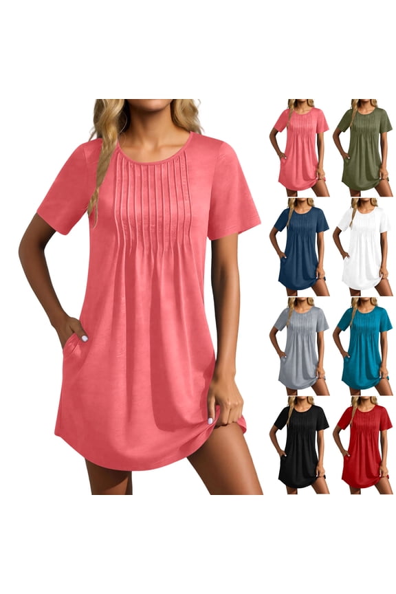 Women's Pleated Front Short Sleeve T-Shirt Dress,Summer Beach Loungewear for Women,Ladies Loose Fit Casual Mini Dress with Pockets,Army Green,S-2XL