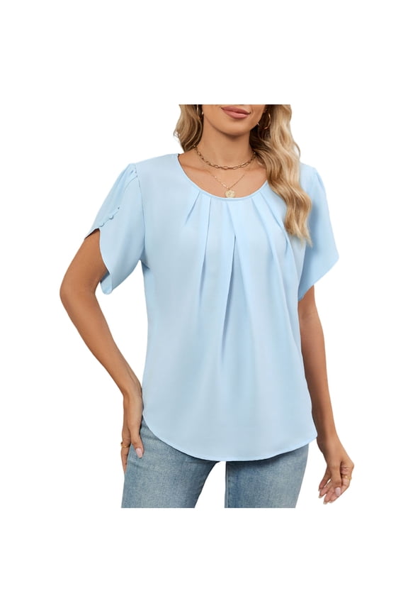 Women's Pleated Short Sleeve Top,Ladies Summer Curved-Hem Blouse,Cooling Touch Like Ice Shirt For Women,Blue,Size XXL
