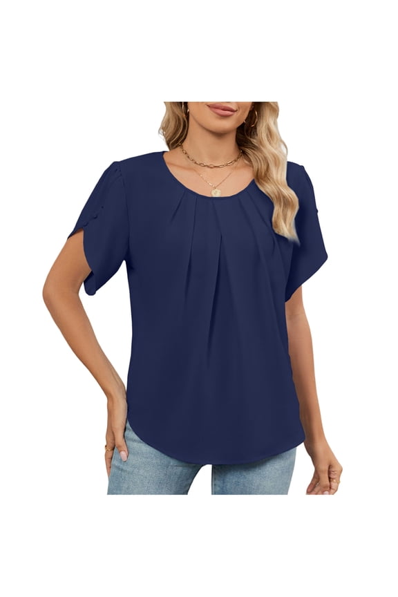 Women's Pleated Short Sleeve Top,Ladies Summer Curved-Hem Blouse,Cooling Touch Like Ice Shirt For Women,Navy,Size S