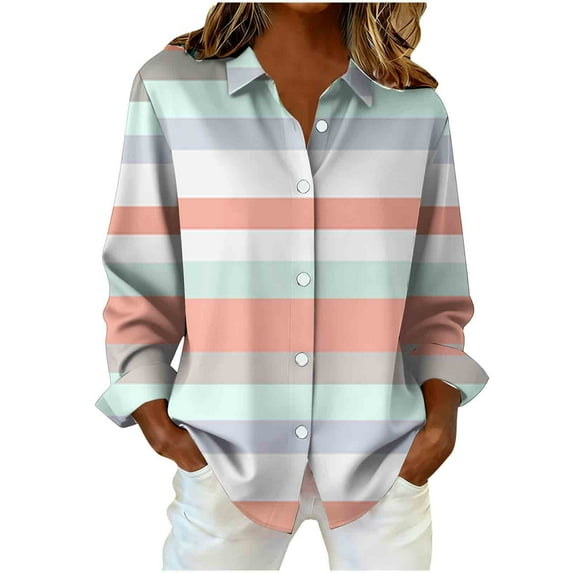 VBVC Women's Plus Button Down Shirt,Ladies Color Block Blouse,Lapel Gradient Jacket For Women,Orange,Size M