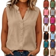 thumbnail image 1 of VBVC Women's Plus Cotton-Linen V Neck Tank Top , Ladies' Stand Collar Button Down Blouse , Summer Sleeveless Office Work Shirt For Women,Navy,S-5XL, 1 of 6