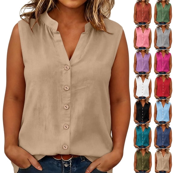 VBVC Women's Plus Cotton-Linen V Neck Tank Top , Ladies' Stand Collar Button Down Blouse , Summer Sleeveless Office Work Shirt For Women,Navy,S-5XL