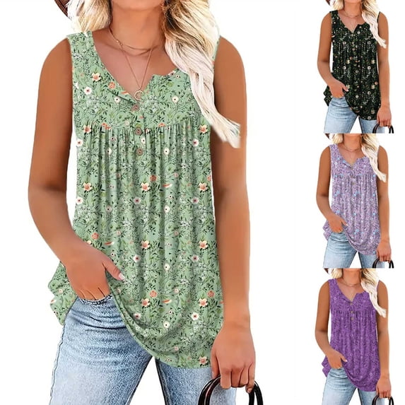 VBVC Women's Plus Floral Button Front Henley Tank Top,Ladies Sleeveless Square Neck Pleated Blouse,Loose Fit Summer Tunic Top For Women,Hot Pink,XL-5XL