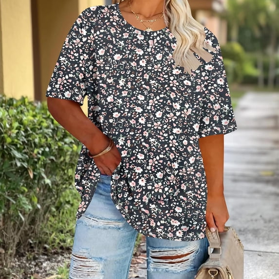 VBVC Women's Plus Floral Print Short Sleeve T-Shirt,Ladies Casual Loose Fit Crew Neck Top,Summer Hawaiian Style Blouse for Women,Black,XL-5XL
