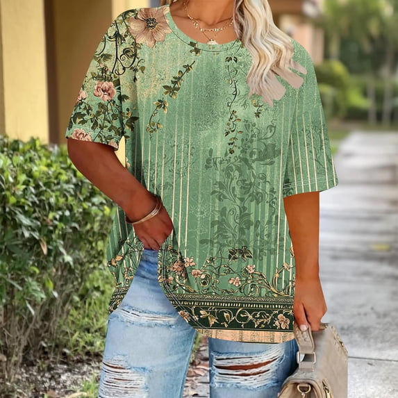 VBVC Women's Plus Floral Print Short Sleeve T-Shirt,Ladies Casual Loose Fit Crew Neck Top,Summer Hawaiian Style Blouse for Women,Green,XL-5XL