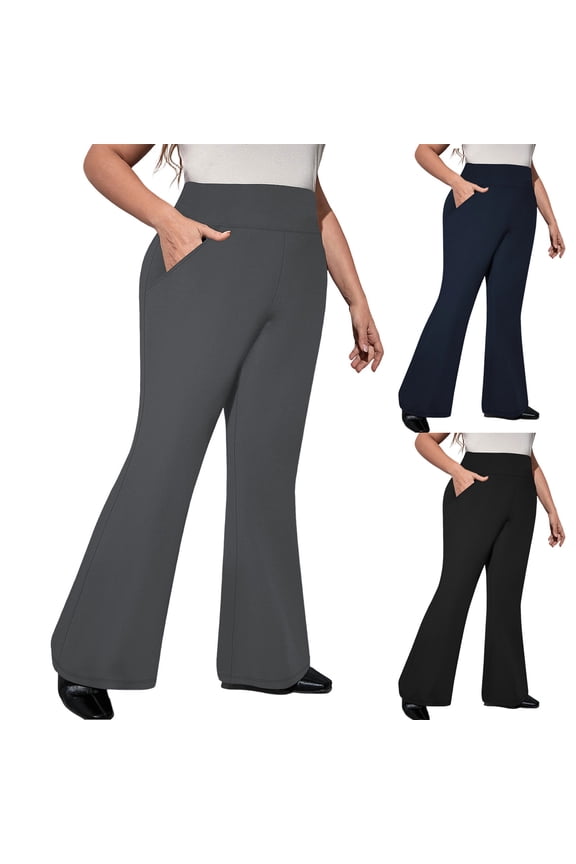 Women's Plus High Waist Flare Pants,Stretch Butt Lift Work Trousers For Women,Ladies Pull On Office Palazzo Pants with Pockets,Navy,XL-5XL