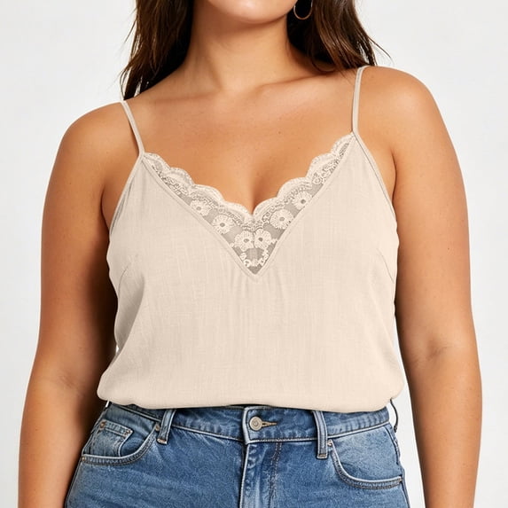 VBVC Women's Plus Lace Trim V Neck Tank Tops , Ladies' Summer Spaghetti Strap Sleeveless Blouses , Lightweight Layering Tees For Women,Beige,L-4XL