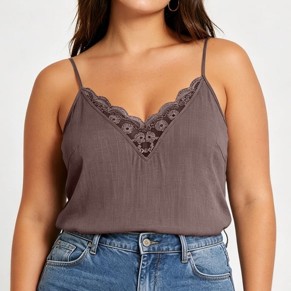 VBVC Women's Plus Lace Trim V Neck Tank Tops , Ladies' Summer Spaghetti Strap Sleeveless Blouses , Lightweight Layering Tees For Women,Brown,L-4XL