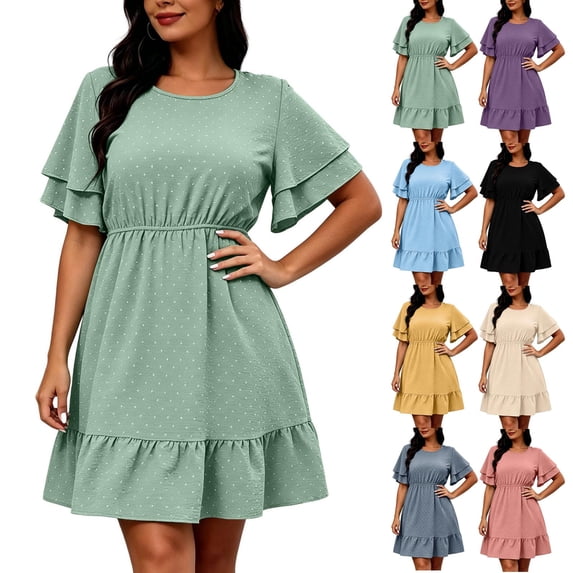 VBVC Women's Plus Polka Dot Ruffle Sleeve Mini Dress , Ladies' Crew Neck Elastic Waist A Line Dress , Summer Casual Flowy Ruffle Hem Dress For Women,Beige,L-5XL