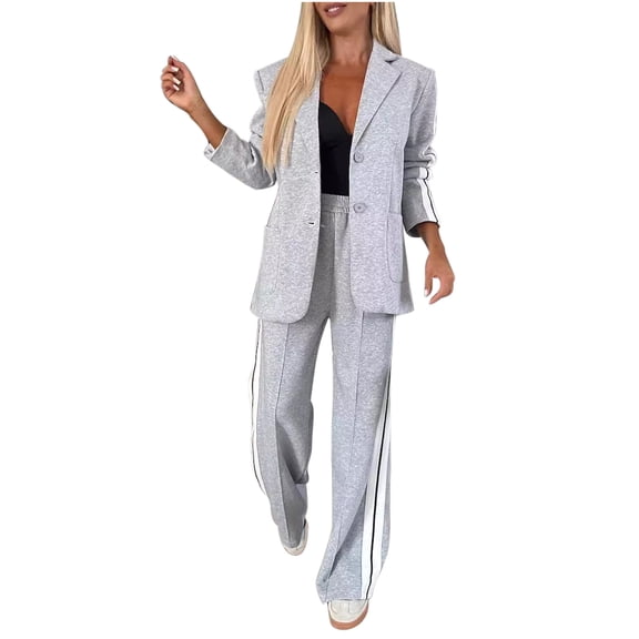 VBVC Women's Plus Size 2 Piece Blazer Set,Ladies Button Jacket and Pants,Striped Business Tracksuit for Women,Gray,Size S