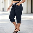 thumbnail image 1 of VBVC Women's Plus Size Cotton Linen Capri Pants , Side Button Summer Shorts For Women , Ladies' Drawstring Lounge Pants with Pockets, Navy , L-5XL, 1 of 7