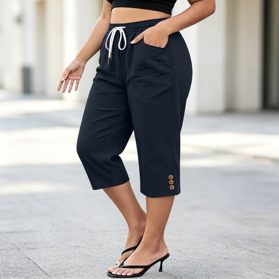 VBVC Women's Plus Size Cotton Linen Capri Pants , Side Button Summer Shorts For Women , Ladies' Drawstring Lounge Pants with Pockets, Navy , L-5XL