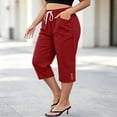 thumbnail image 1 of VBVC Women's Plus Size Cotton Linen Capri Pants , Side Button Summer Shorts For Women , Ladies' Drawstring Lounge Pants with Pockets, Red , L-5XL, 1 of 7
