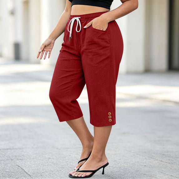 VBVC Women's Plus Size Cotton Linen Capri Pants , Side Button Summer Shorts For Women , Ladies' Drawstring Lounge Pants with Pockets, Red , L-5XL