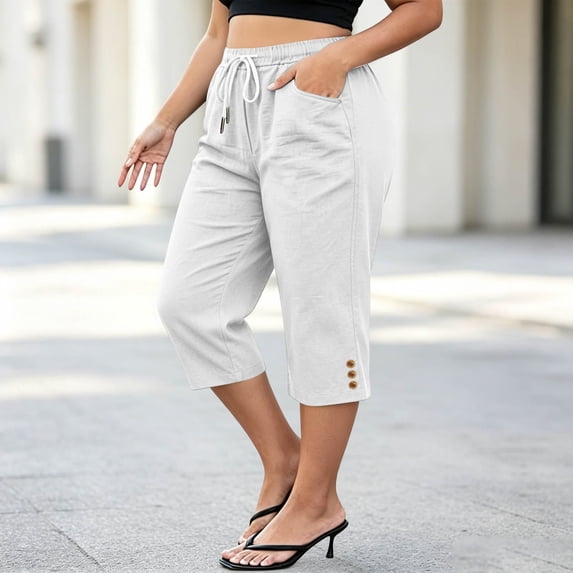 VBVC Women's Plus Size Cotton Linen Capri Pants , Side Button Summer Shorts For Women , Ladies' Drawstring Lounge Pants with Pockets, White , L-5XL