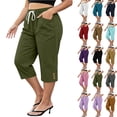 thumbnail image 1 of VBVC Women's Plus Size Cotton Linen Capri Pants , Side Button Summer Shorts For Women , Ladies' Drawstring Lounge Pants with Pockets, Army Green , L-5XL, 1 of 7