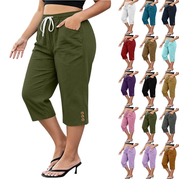 VBVC Women's Plus Size Cotton Linen Capri Pants , Side Button Summer Shorts For Women , Ladies' Drawstring Lounge Pants with Pockets, Army Green , L-5XL