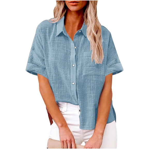 VBVC Women's Plus Szie Linen Tops,Short Sleeve Blouse For Women,Ladies V Neck Collared Shirt with a Pocket,Blue,Size M