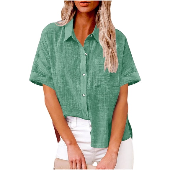 VBVC Women's Plus Szie Linen Tops,Short Sleeve Blouse For Women,Ladies V Neck Collared Shirt with a Pocket,Mint Green,Size S