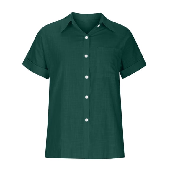 VBVC Women's Plus Szie Linen Tops,Short Sleeve Blouse For Women,Ladies V Neck Collared Shirt with a Pocket,Navy,Size L