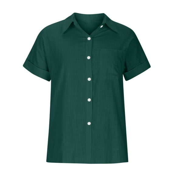 VBVC Women's Plus Szie Linen Tops,Short Sleeve Blouse For Women,Ladies V Neck Collared Shirt with a Pocket,Navy,Size XXL