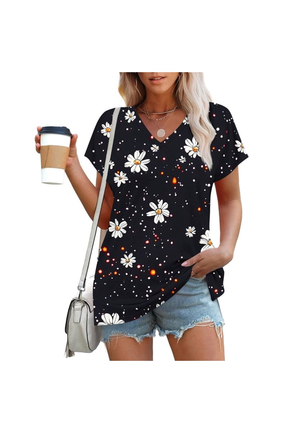 Women's Plus V-Neck Short Sleeve T-Shirt,Ladies Glitter Print Basic Tee,Summer Floral Beach Tops For Women,Black,S-3XL