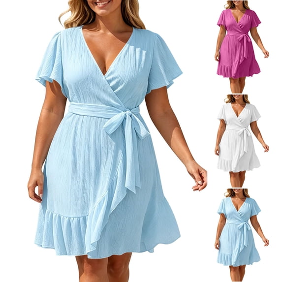 VBVC Women's Plus Wrap V Neck Flutter Sleeve Mini Dress , Ladies' Waist Tie Ruffle Hem Casual Dress , Summer Beach Party Flowy Sundress For Women,Sky Blue,S-5XL