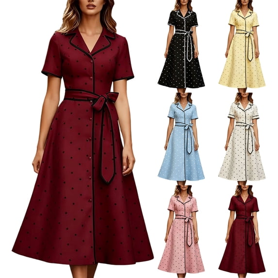VBVC Women's Polka Dot Button Down Midi Dress , Ladies' Collared Short Sleeve Belted Swing Dress , Elegant Retro A-Line Flare Dresses For Women,Pink,S-2XL