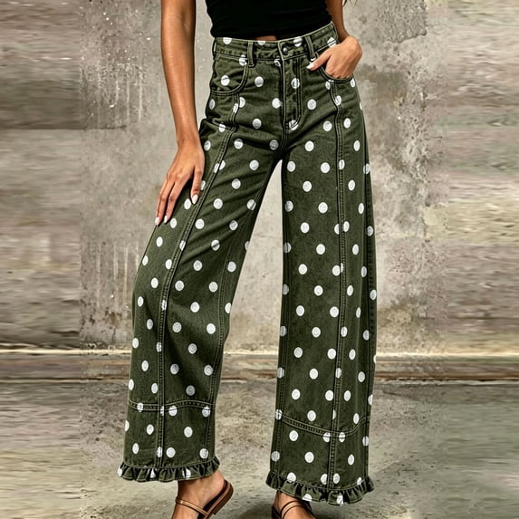 VBVC Women's Polka Dot Jeans with Pockets , Ruffle Hem Wide Leg Denim Pants For Women, S-L