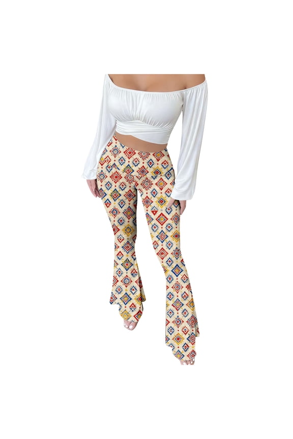 Women's Print Bell Bottom Pants,Ladies Tummy Control Sweatpants,Breathable Stretchy Trousers For Women,Beige,Size M