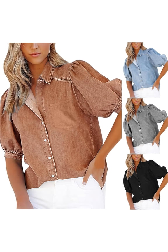 Women's Puff Sleeve Denim-Look Shirt , Button Down Collared Blouse For Women,Ladies' Lightweight Casual Top with Pockets,Khaki,S-3XL