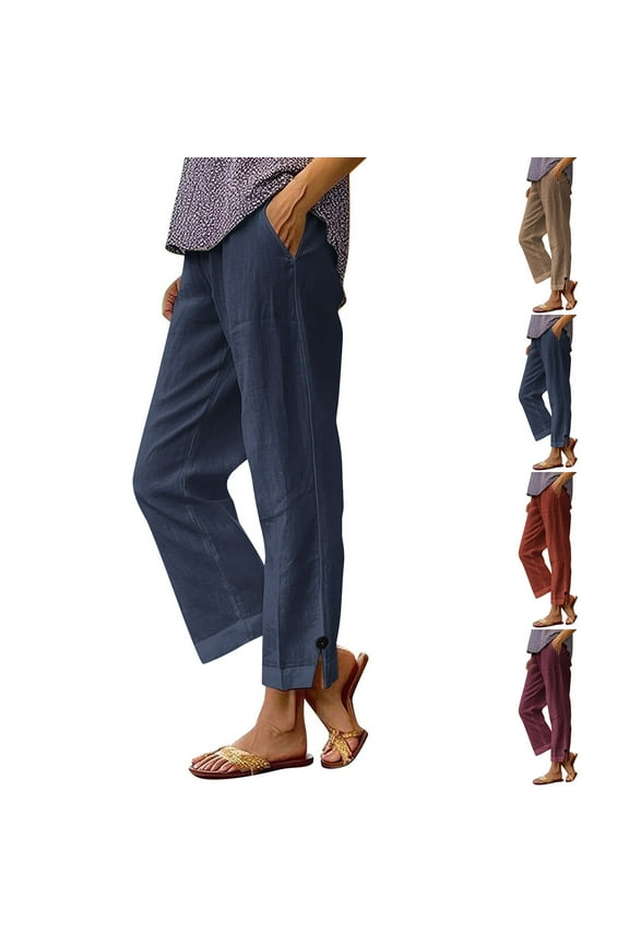 Women's Pull-On Button Hem Capri Pants,Ladies Lightweight Trousers,Straight Leg Sweatpants For Women,Navy,S-3XL