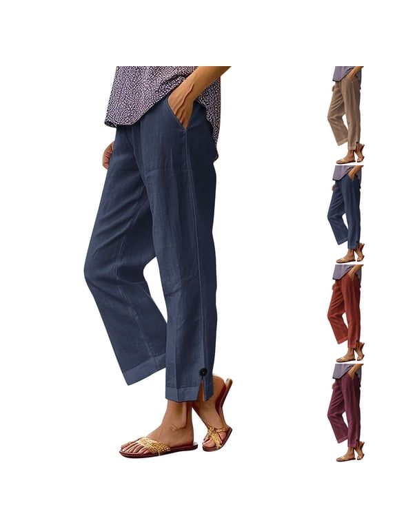 Women's Pull-On Button Hem Capri Pants,Ladies Lightweight Trousers,Straight Leg Sweatpants For Women,Orange,S-3XL