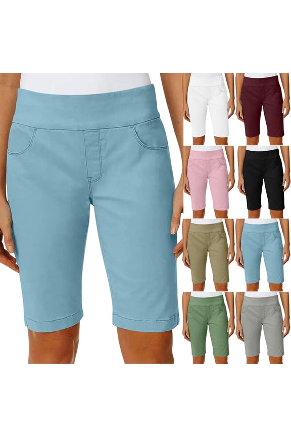 Women's Pull On High Waisted Bermuda Shorts , Straight Leg Stretch Shorts For Women,Ladies' Knee Length Shorts with Pockets ,White,S-2XL