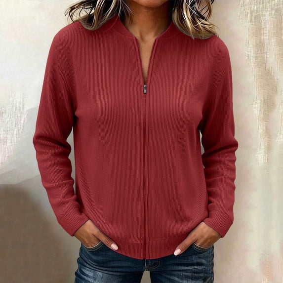 VBVC Women's Ribbed Full Zip Mock Neck Cardigan , Ladies' Slim Fit Long Sleeve Top , Casual Lightweight Jacket For Women, Red , S-5XL