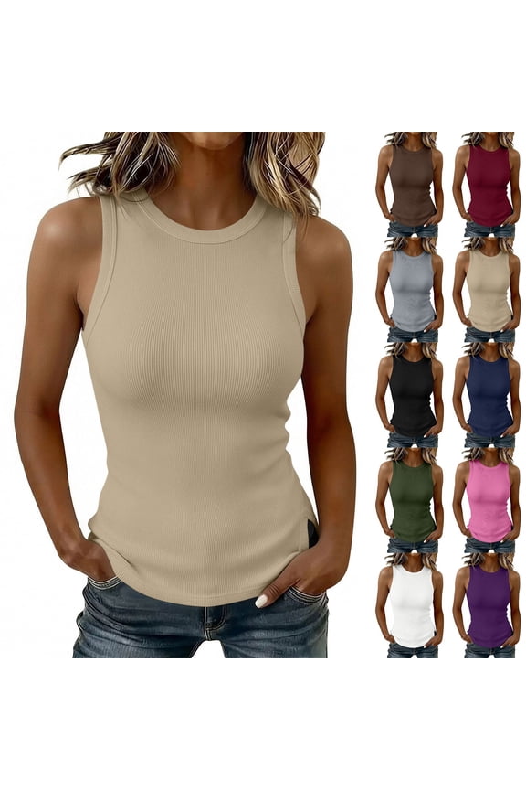 Women's Ribbed Knit Racerback Tank Top, Ladies' Crew Neck Sleeveless Side Slit Cami, Casual Stretchy Basic Tee For Women,White,S-2XL