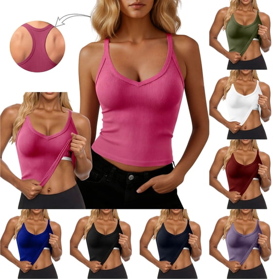 VBVC Women's Ribbed Racerback Tank Tops,Ladies Built In Bra Cropped Tops, Yoga Workout Blouses For Women,Blue,S-2XL