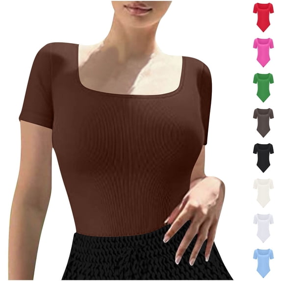 VBVC Women's Ribbed Square Neck Bodysuit , Ladies' Short Sleeve Form Fitting Shirt , Slim Fit Going Out Top For Women,Beige,S-XL
