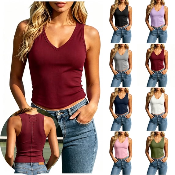 VBVC Women's Ribbed V-Neck Racerback Tank Top , Ladies' Stretchy Slim Fit Sleeveless Camisole , Summer Workout Layering Top For Women,White,S-2XL
