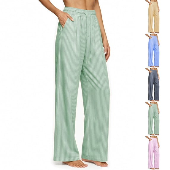 VBVC Women's Ribbed Wide Leg Lounge Pants, Elastic Drawstring Waist Casual Pants For Women , Ladies' Lightweight Soft Trousers with Pockets, Blue , S-2XL